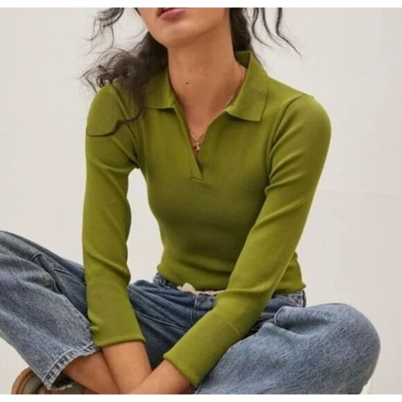 Anthropologie Tops - Anthropologie Arden Collared Ribbed Bodysuit Jewel Tone Green Size Medium NWOT